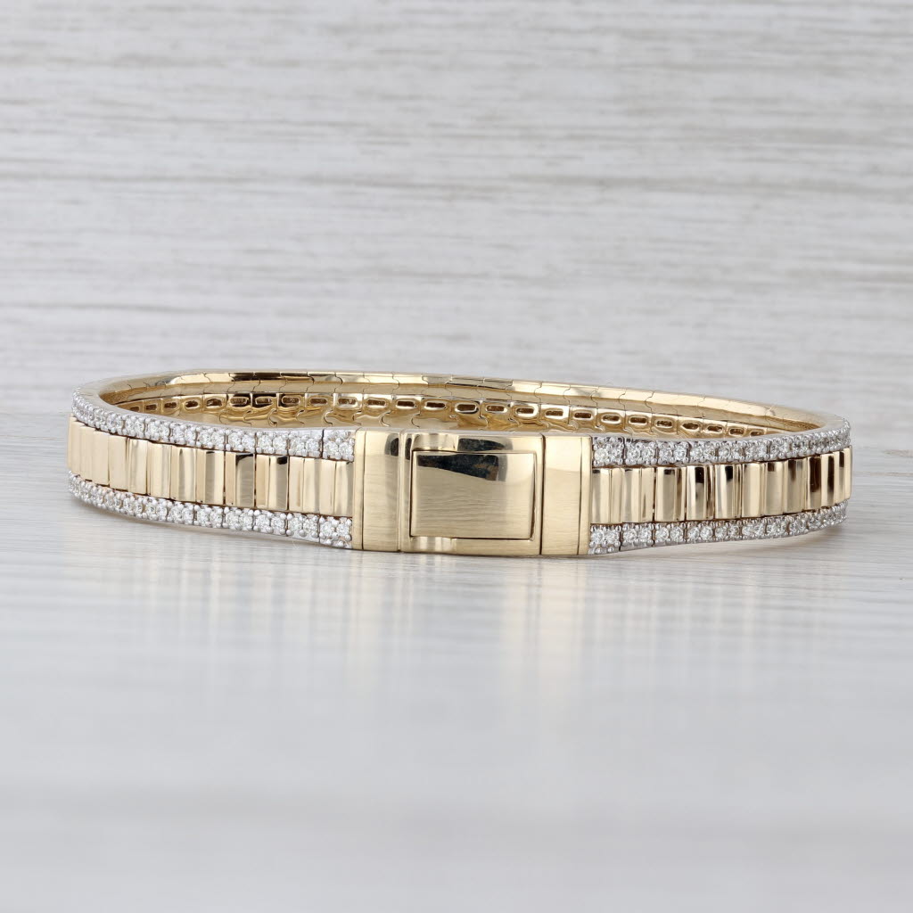 New 1ctw Diamond Beveled Flexible Bangle Bracelet 14k Yellow Gold 6.25" 7.8mm