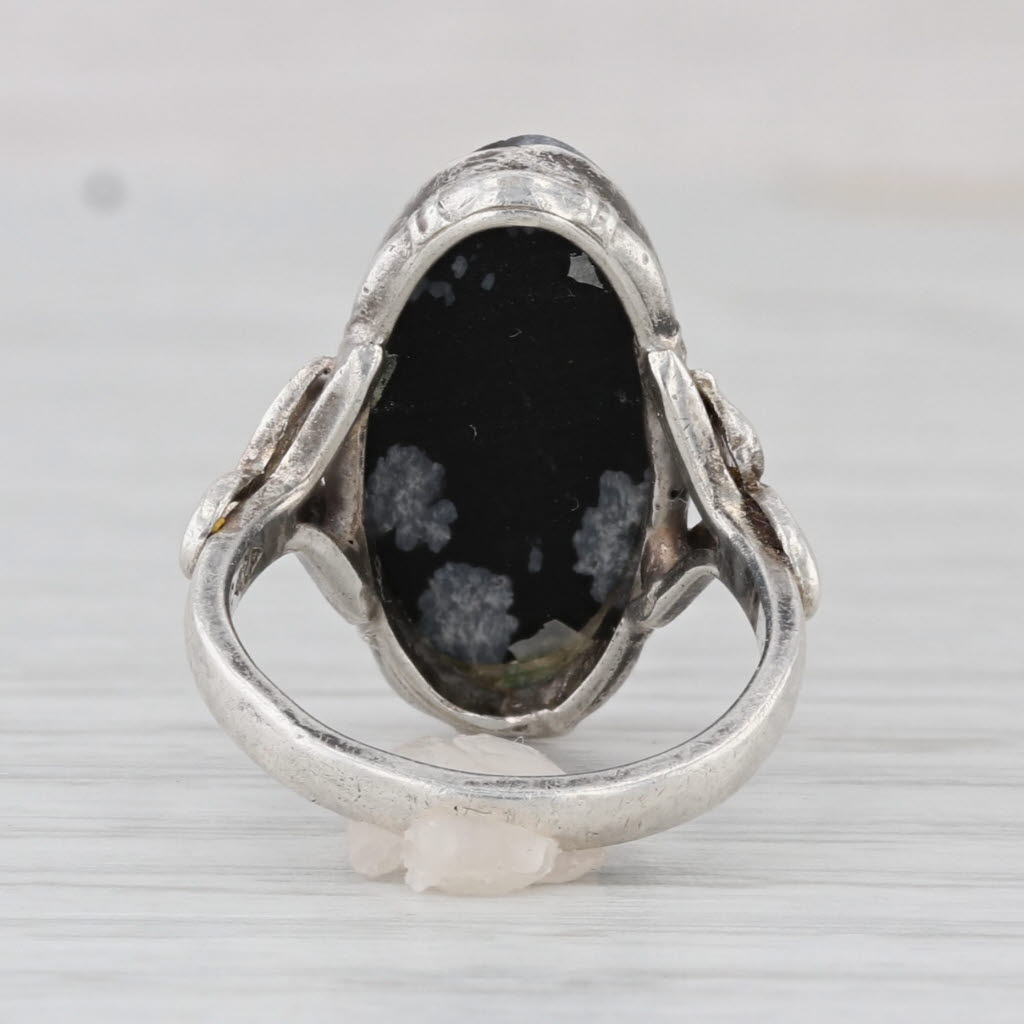 Vintage Obsidian Glass Snowflake Signet Ring Sterling Silver Size 4 Leaf Accents