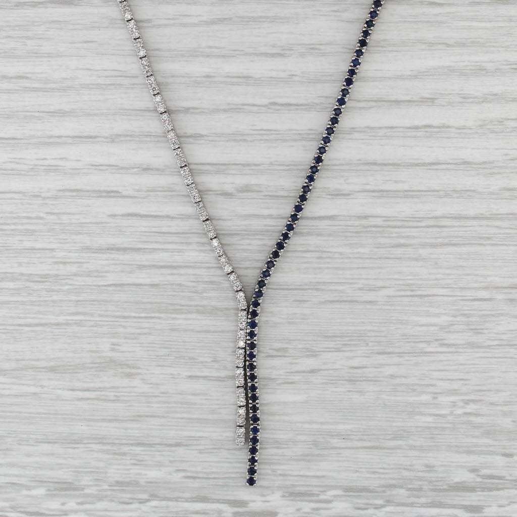 2.40ctw Blue Sapphire Diamond Lariat Tennis Necklace 14k White Gold 16-18"