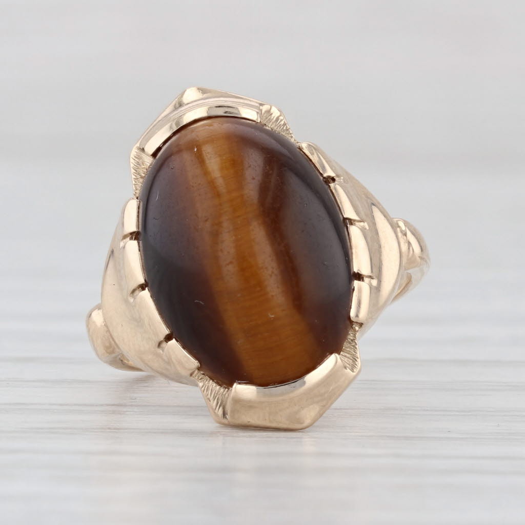 Vintage Tiger's Eye Oval Cabochon Ring 10k Yellow Gold Size 3.5