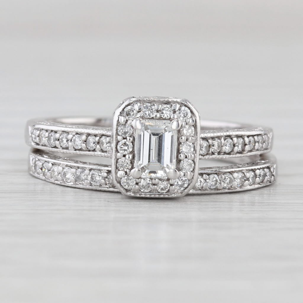 0.70ctw Emerald Cut Diamond Halo Engagement Ring Wedding Band 14k White Gold