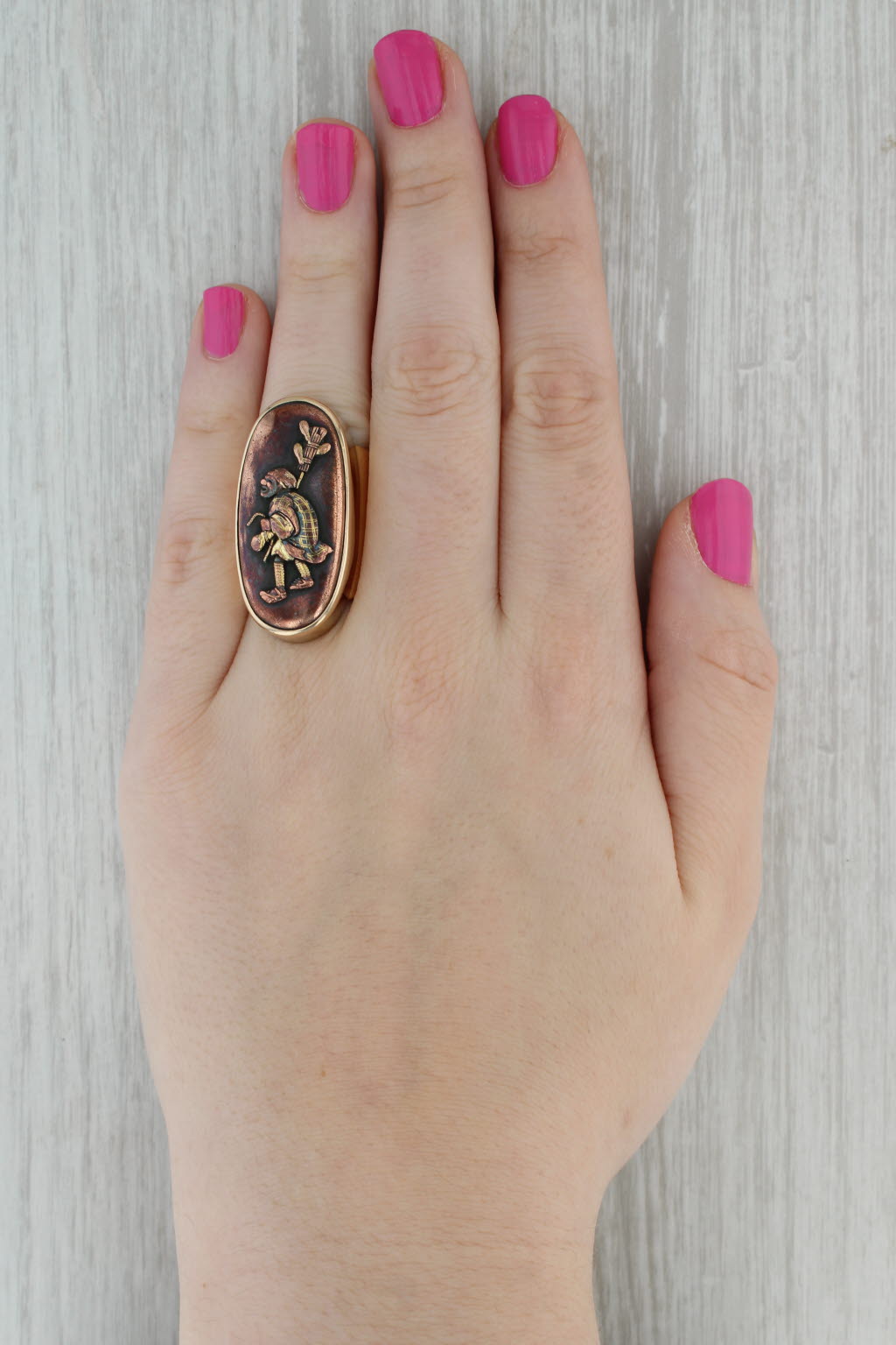 Large Japanese Shakudo Figural Signet Ring 14k Gold Copper Inlay Ancient Figure