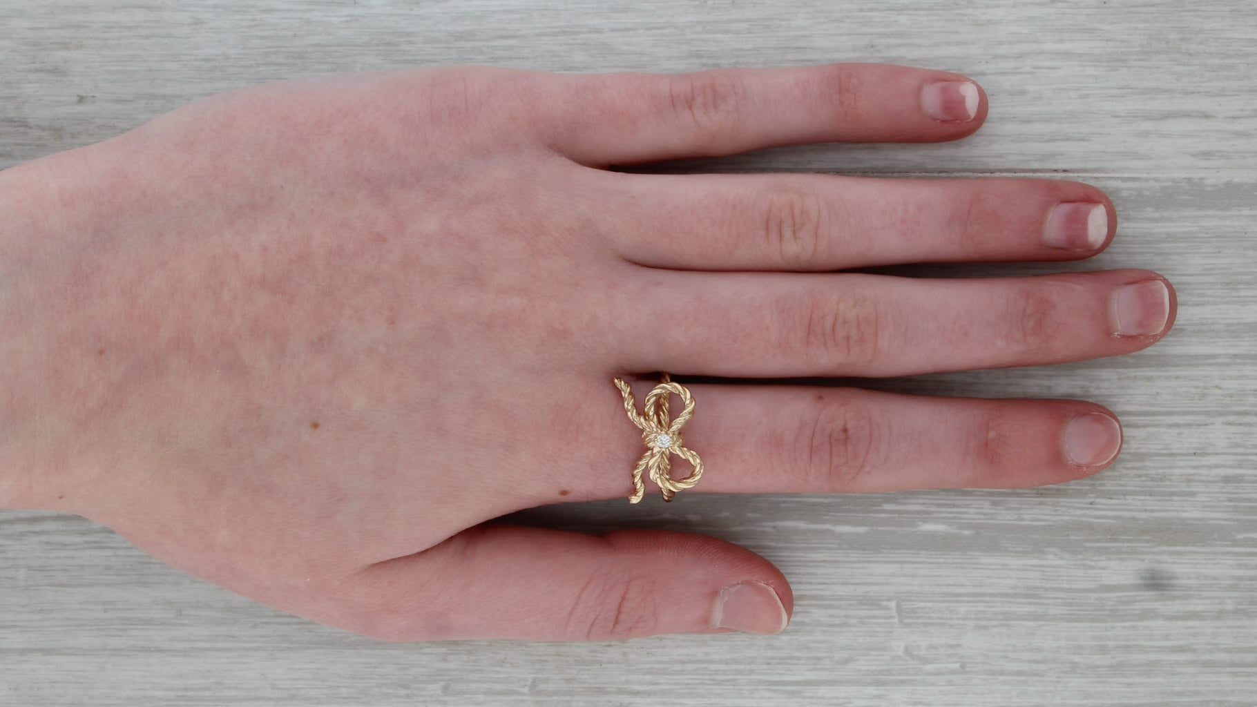 Diamond Bow Ring 14k Yellow Gold Size 8 Rope Band