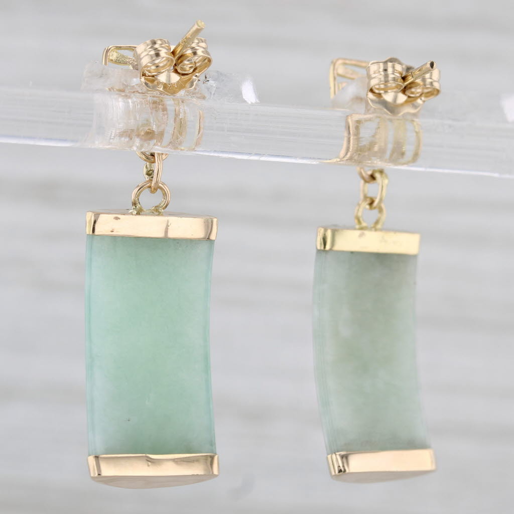 Gray Green Jadeite Jade Dangle Earrings 14k Yellow Gold Chinese Calligraphy Luck
