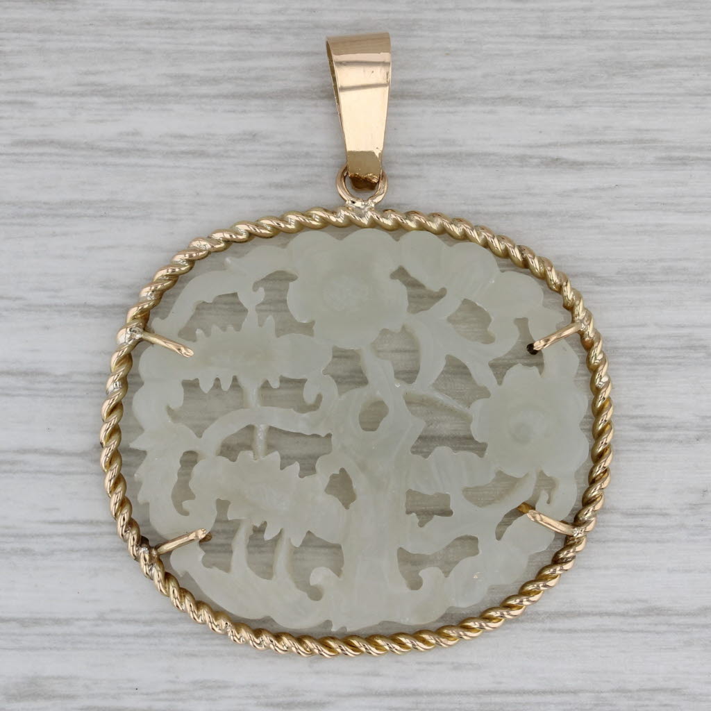 Dark Gray Floral Carved Jadeite Jade Pendant 14k Yellow Gold Ornate Larged Flower Carving