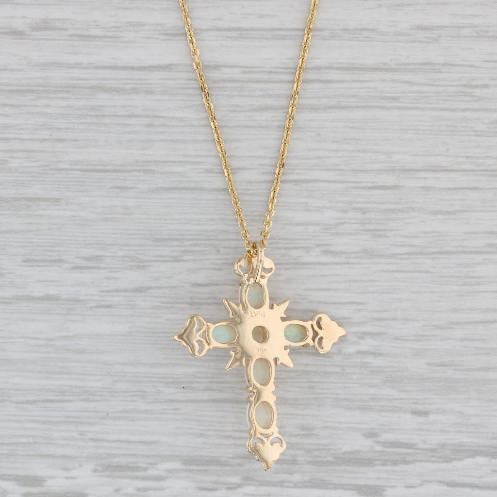 Gray Ornate Opal Cross Pendant Necklace 14k Yellow Gold 24" Cable Chain