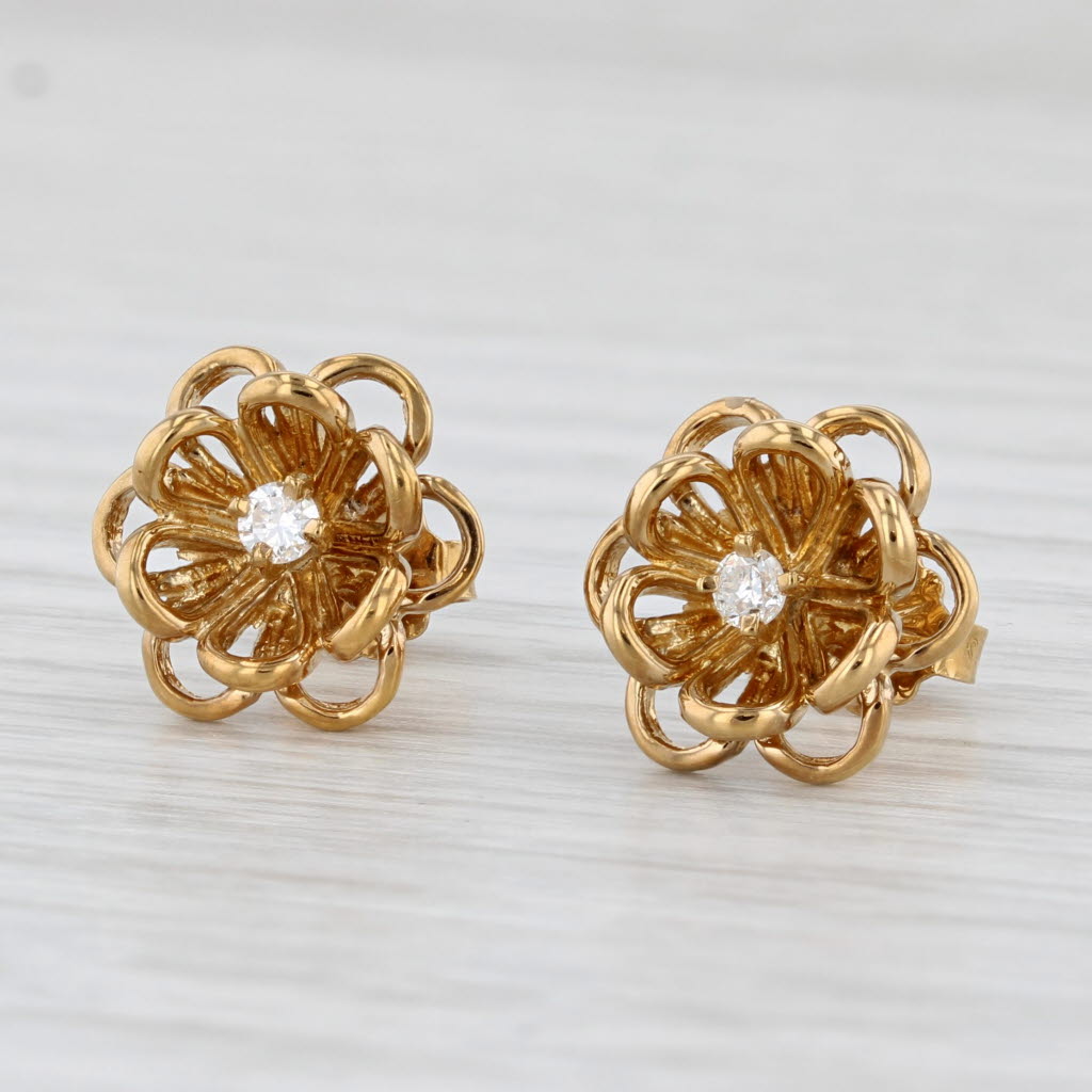 Light Gray Diamond Flower Stud Earrings 14k Yellow Gold Floral Studs