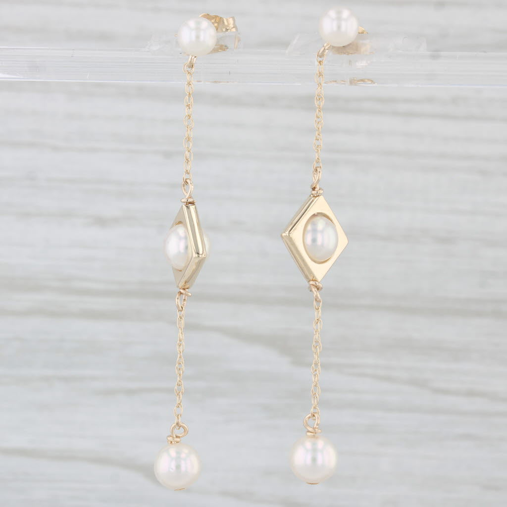 Light Gray Cultured Pearl Drop Earrings 14k Yellow Gold Drops 3-Stone Drop