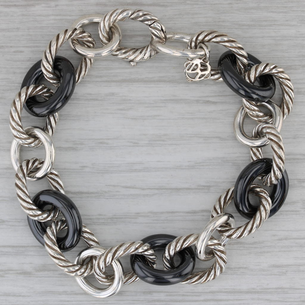 Dark Gray David Yurman Ceramic Sterling Silver Cable Chain Bracelet 7" 13.3mm