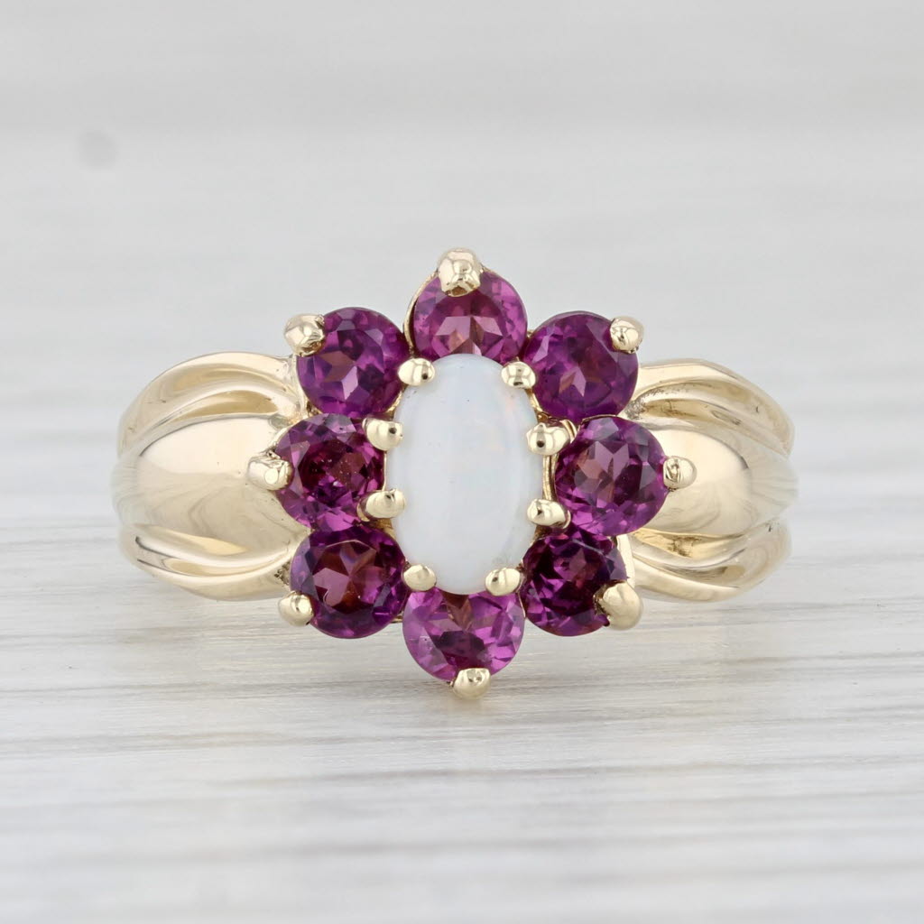 Light Gray Opal Garnet Flower Ring 10k Yellow Gold Size 5.25