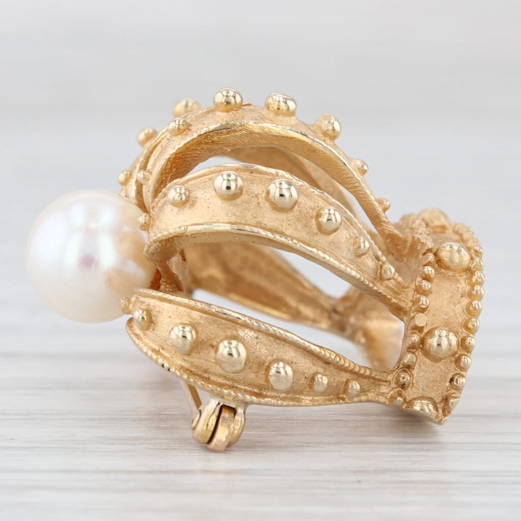 Light Gray Cultured Pearl Crown Brooch 14k Yellow Gold Statement Pin