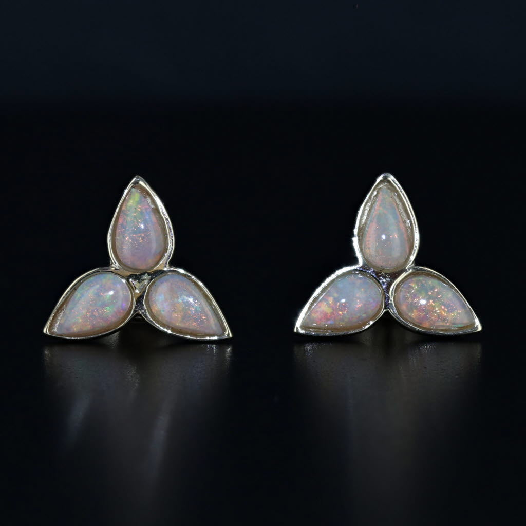 Black 3-Stone Opal Cabochon Stud Earrings 14k Yellow Gold