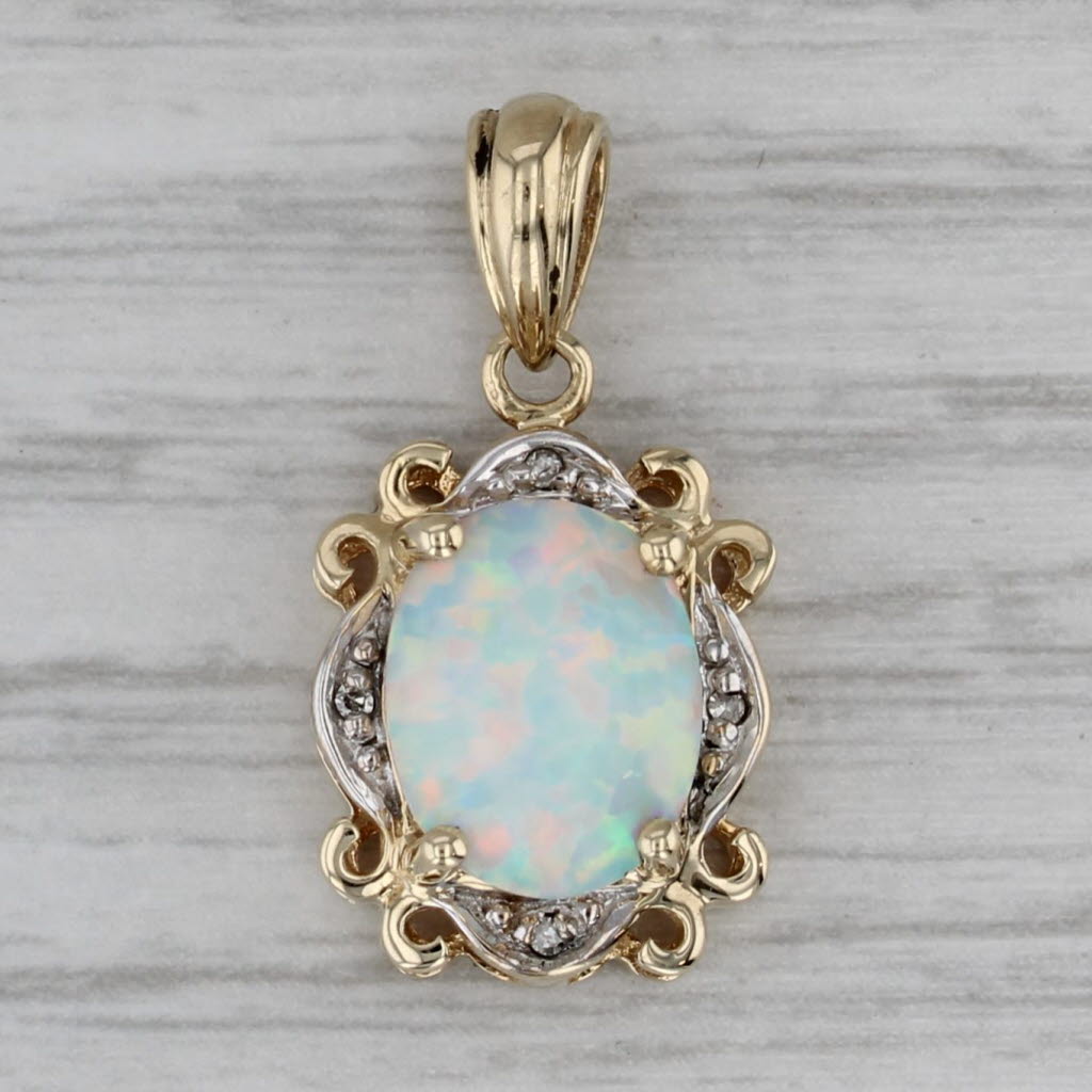 Dark Gray Oval Lab Created Opal Diamond Pendant 10k Yellow Gold
