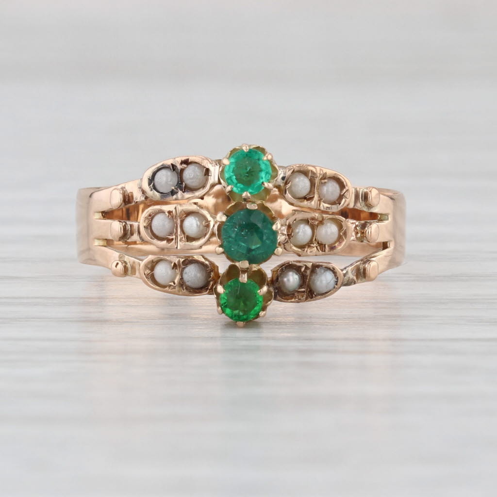 Antique Garnet Green Glass Doublet Imitation Pearl Ring 14k Yellow Gold Size 8.5