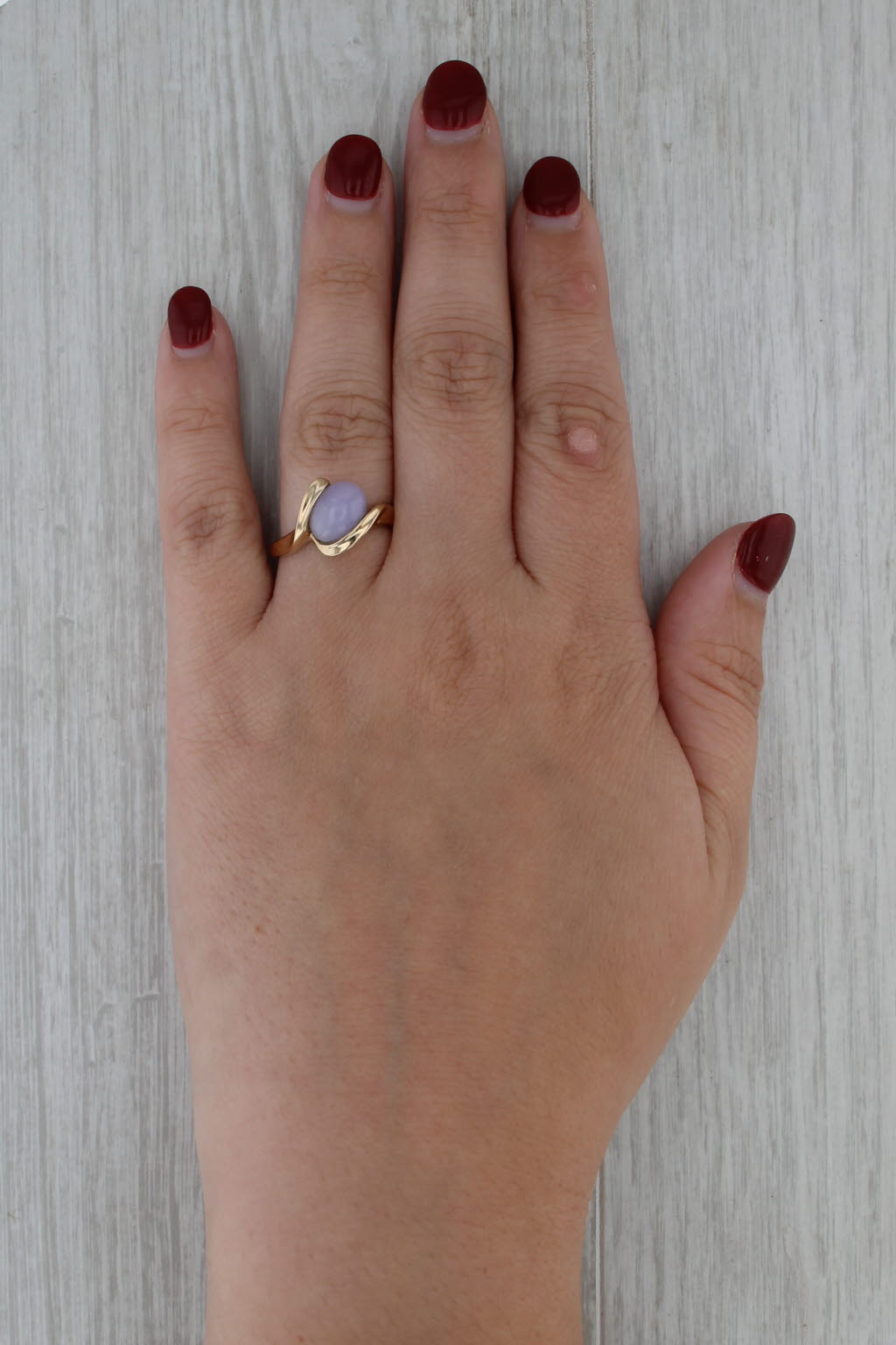 Lavender Jadeite Jade Bypass Ring 14k Yellow Gold Oval Cabochon Size 8