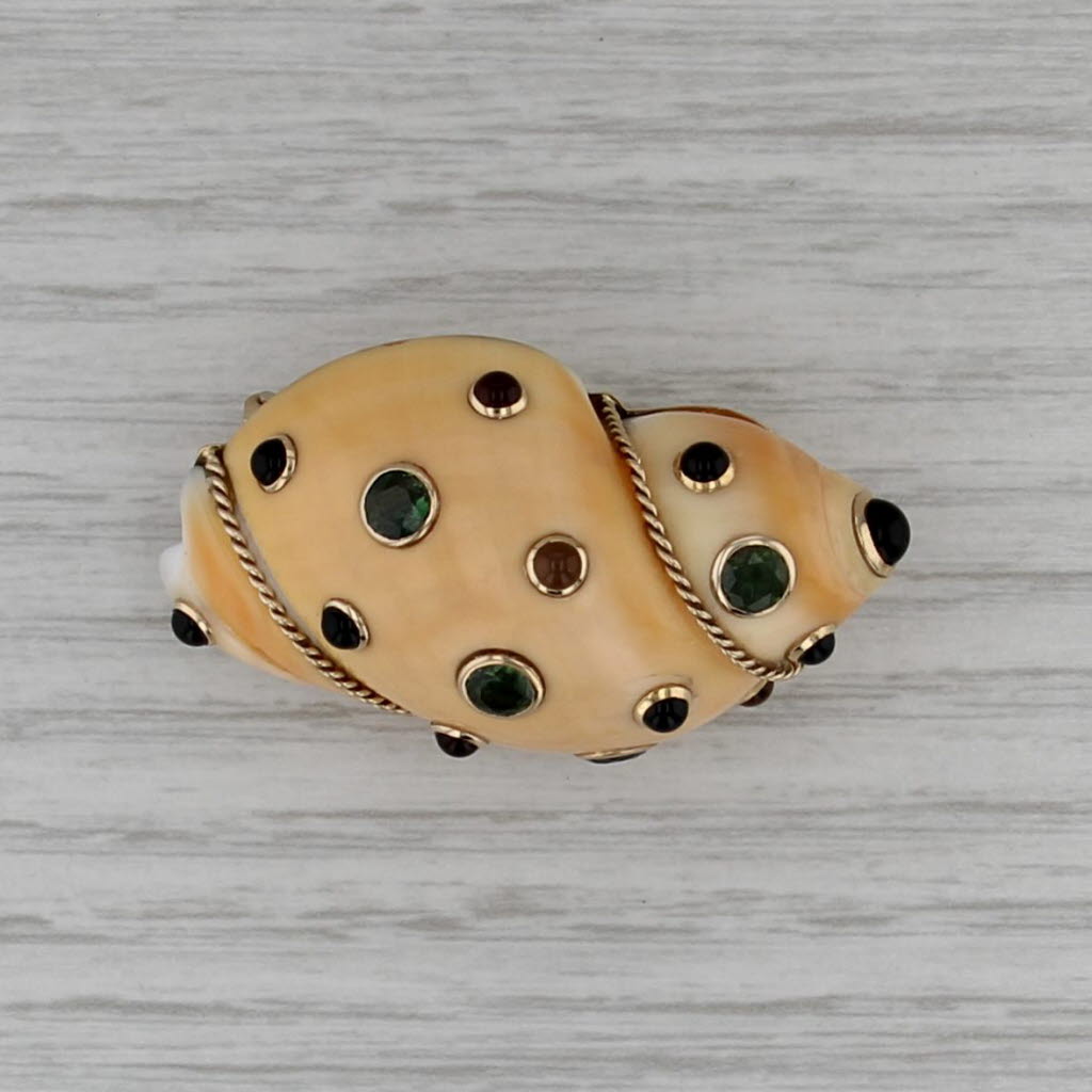 Sapphire Chalcedony Shell Brooch 14k Yellow Gold Nautical Statement Pin