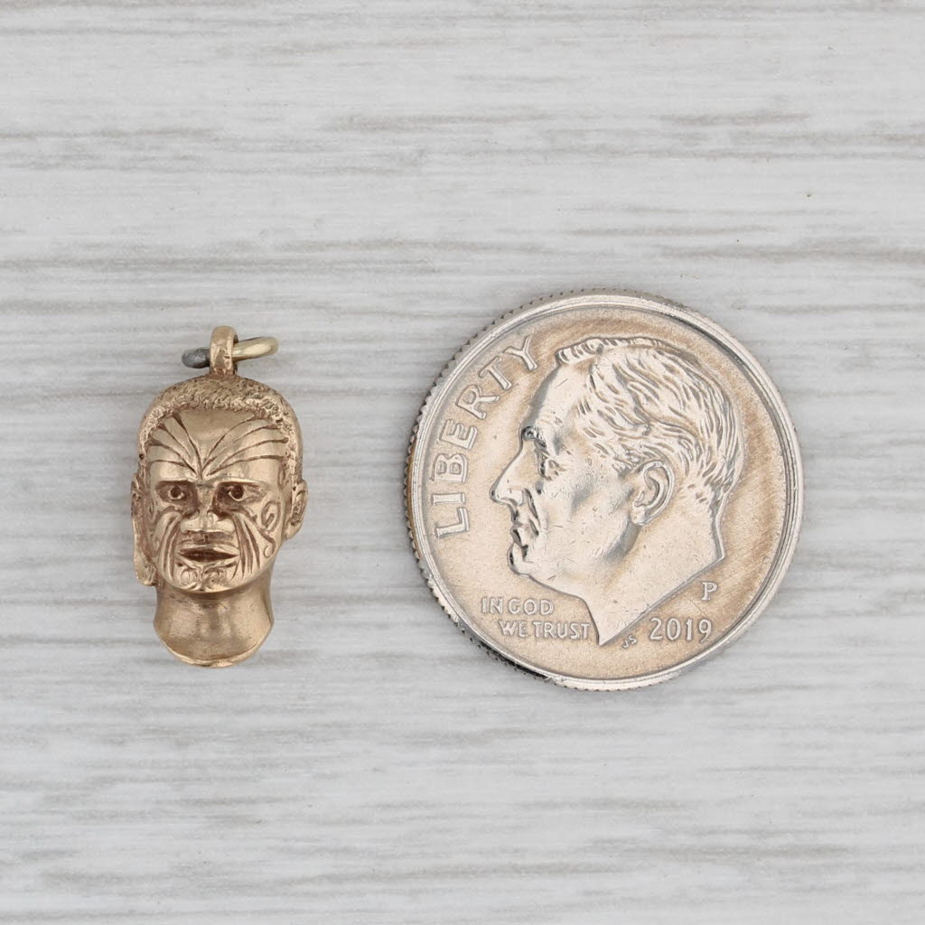 Gray Vintage Maori Tribal Head Charm 9k Yellow Gold 3D Pendant Souvenir