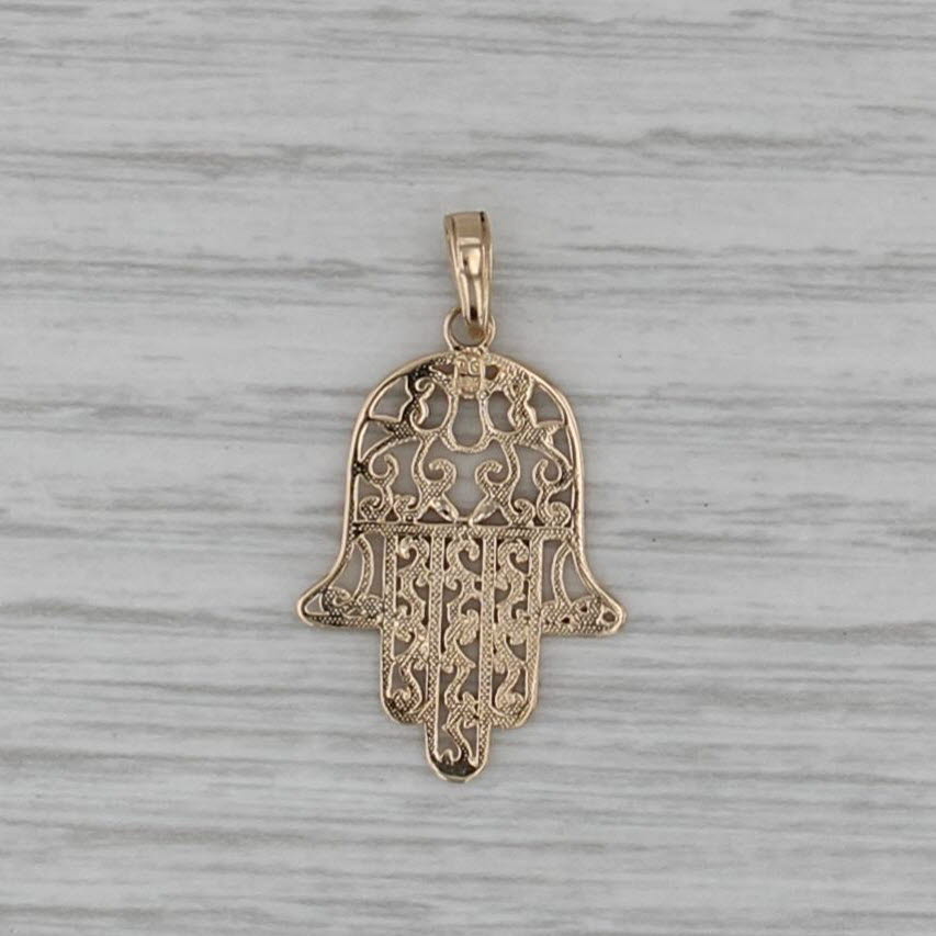 Ornate Openwork Hamsa Fatima Hand Pendant 14k Yellow Gold Charm