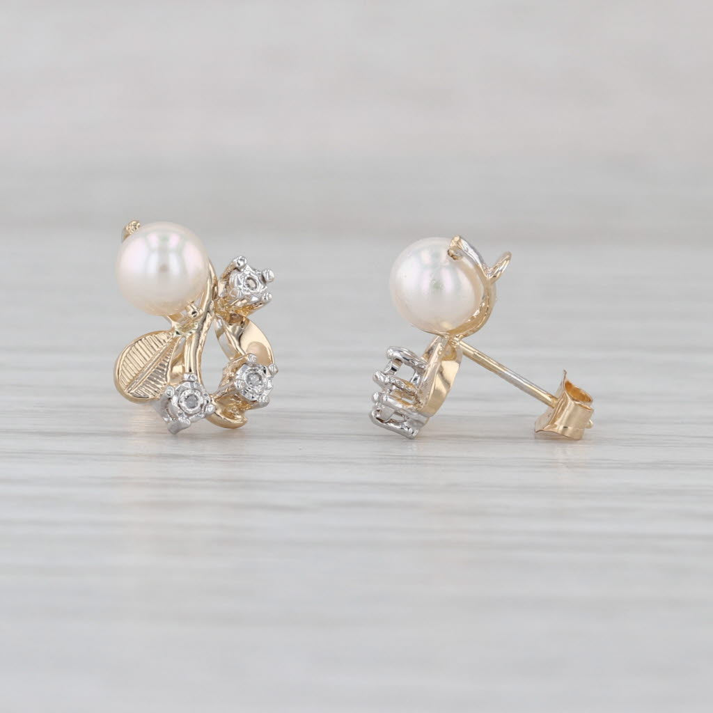 Cultured Pearl Diamond Flower Stud Earrings 14k Yellow Gold Studs