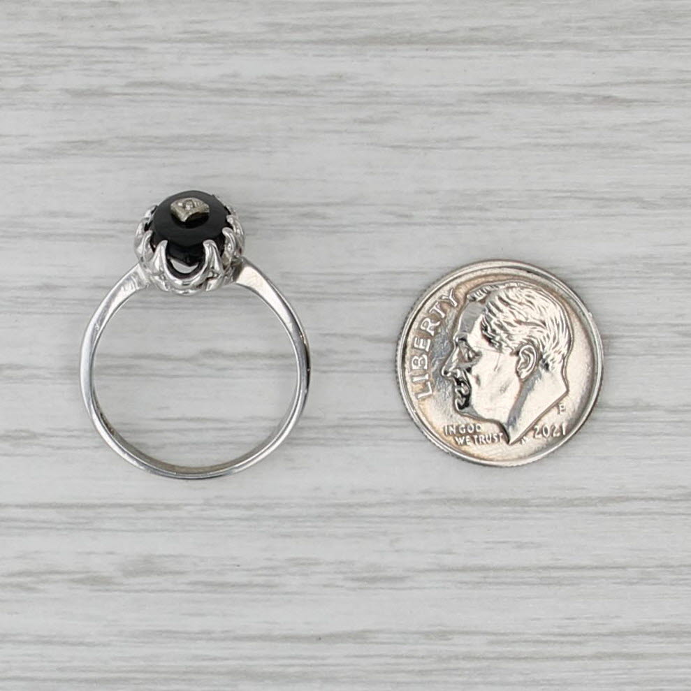 Vintage Navette Onyx Diamond Signet Ring 10k White Gold Size 7