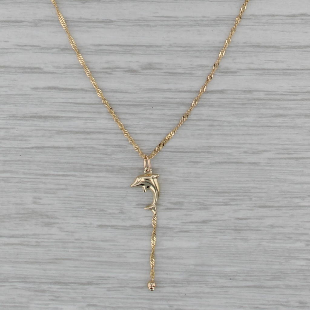 Dolphin Pendant Singapore Chain Necklace 10k Yellow Gold 17"