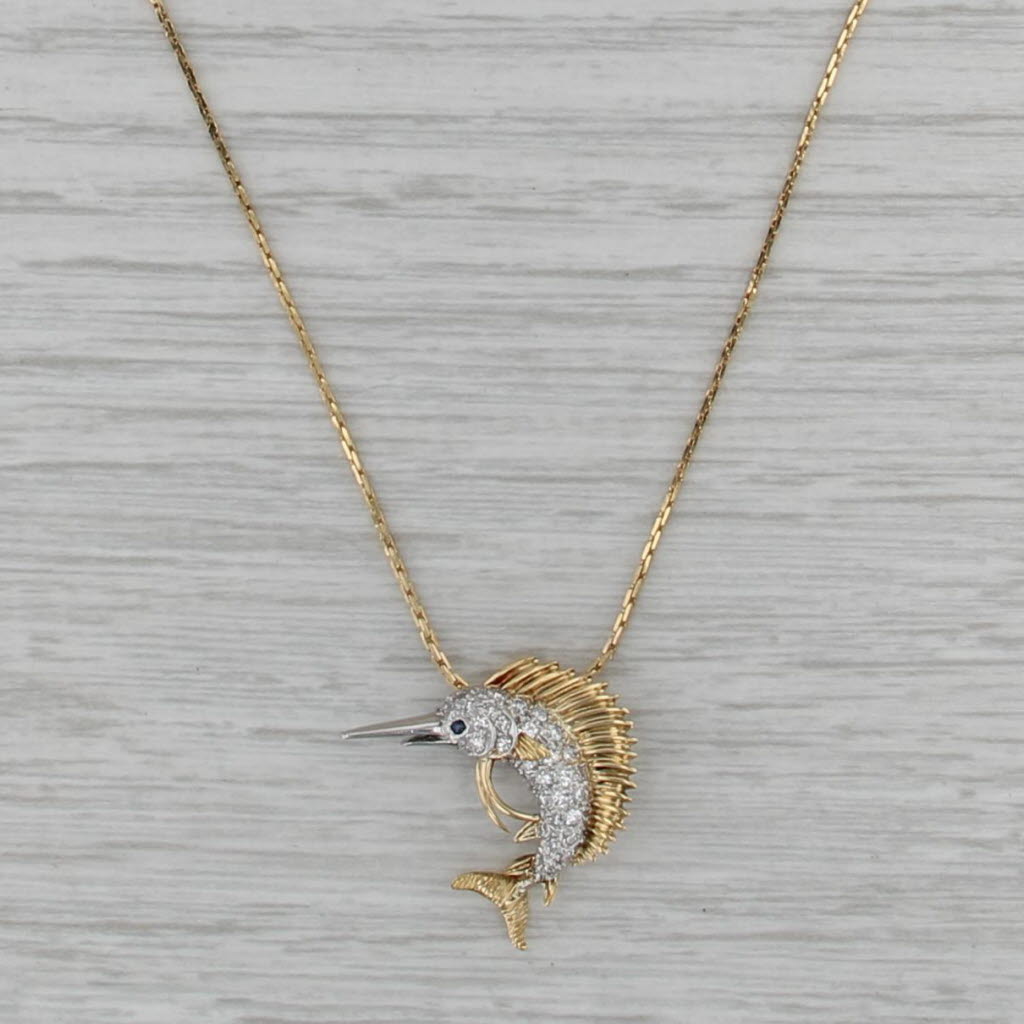 0.36ctw Diamond Sapphire Swordfish Pendant Necklace 18k Gold Platinum 16"