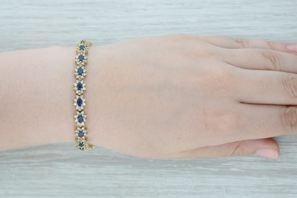 Gray Blue Sapphire Diamond Halo Tennis Bracelet 14k Yellow Gold 6.75" 7.6mm
