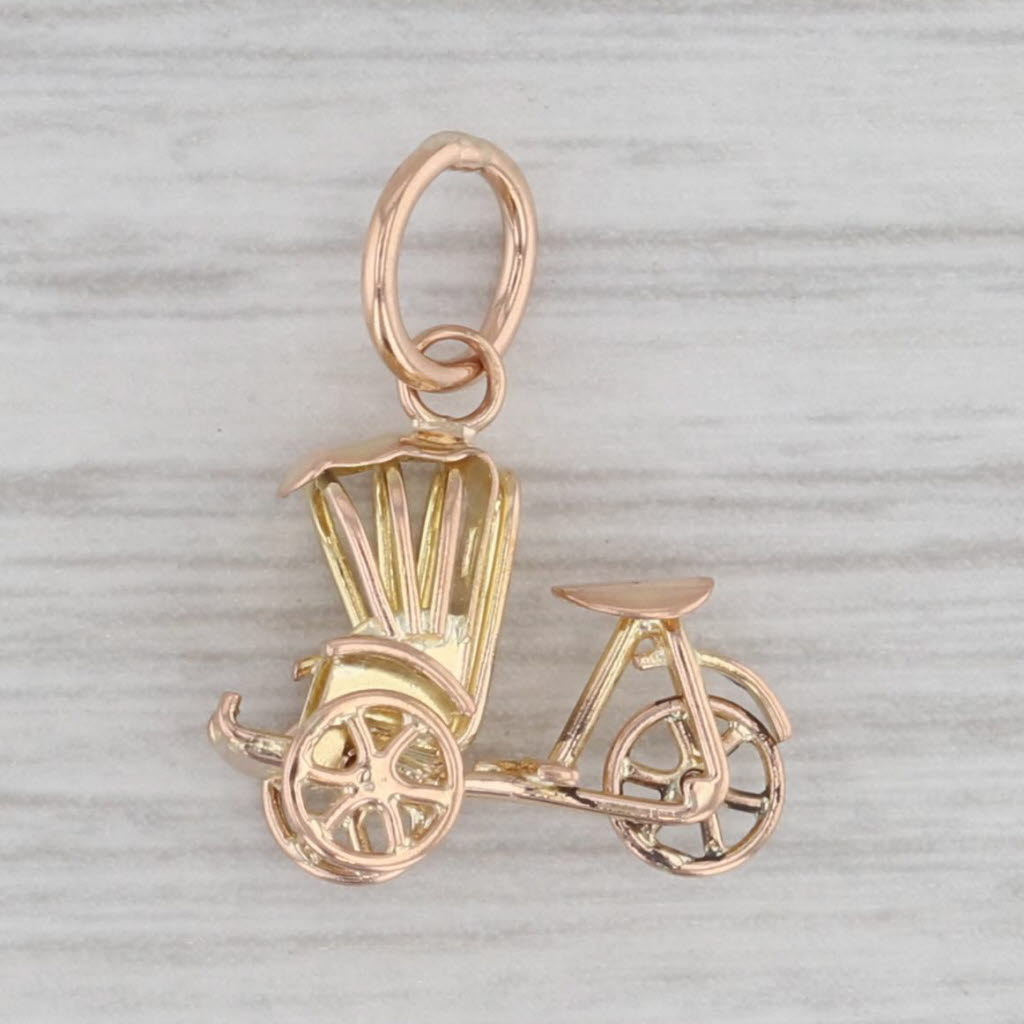 Gray Vintage Bike Tricycle Carriage Charm 18k Yellow Gold Wheels Move Pendant