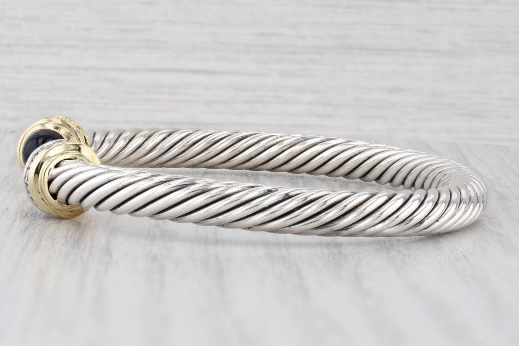 Light Gray David Yurman Onyx Diamond Cuff Bracelet Sterling Silver 18k Gold 6.5" 5mm
