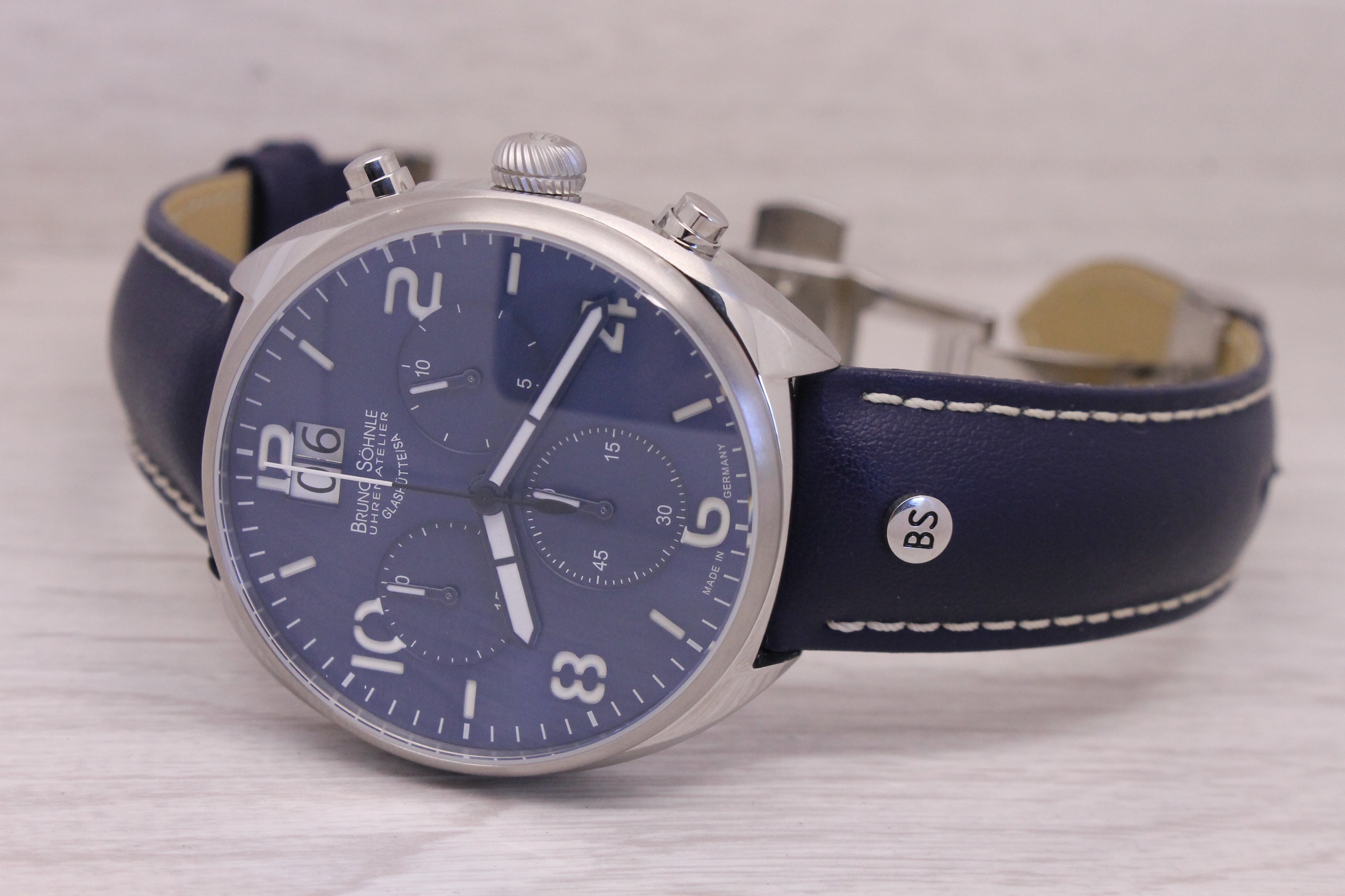 Gray Bruno Sohnle Glashutte La Spezia 45mm Steel Mens Quartz Chronograph Watch Blue