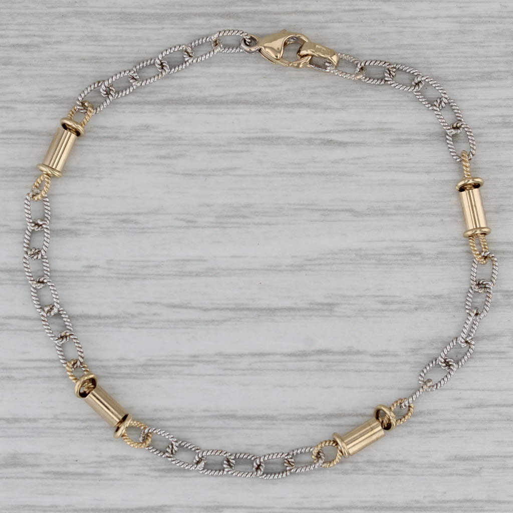 Gray 6 3/4" Cable Chain Tube Station Bracelet 14k White Yellow Gold