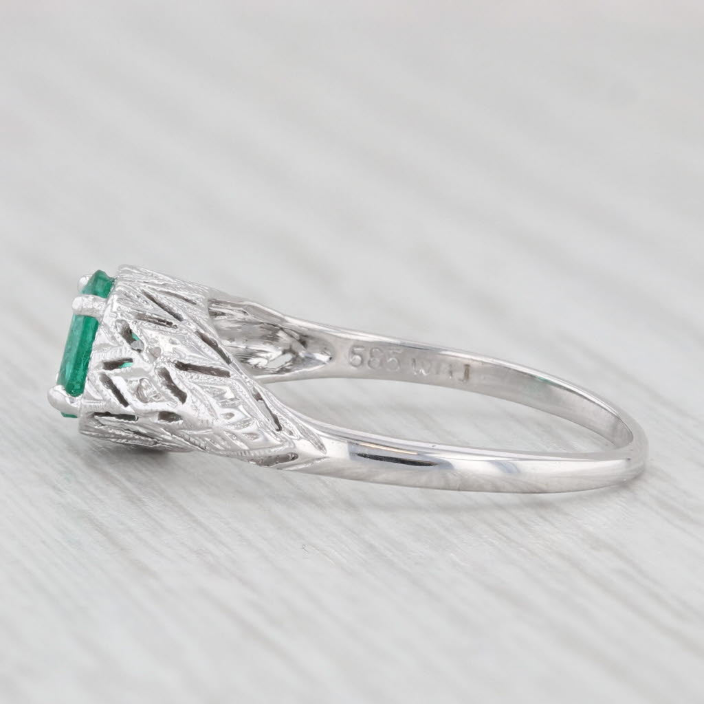 Light Gray 0.40ct Oval Emerald Solitaire Ring 14k White Gold Engagement Vintage Filigree