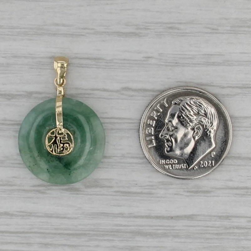 Fu Wealth Green Jadeite Jade Hololith Torus Pendant 14k Yellow Gold