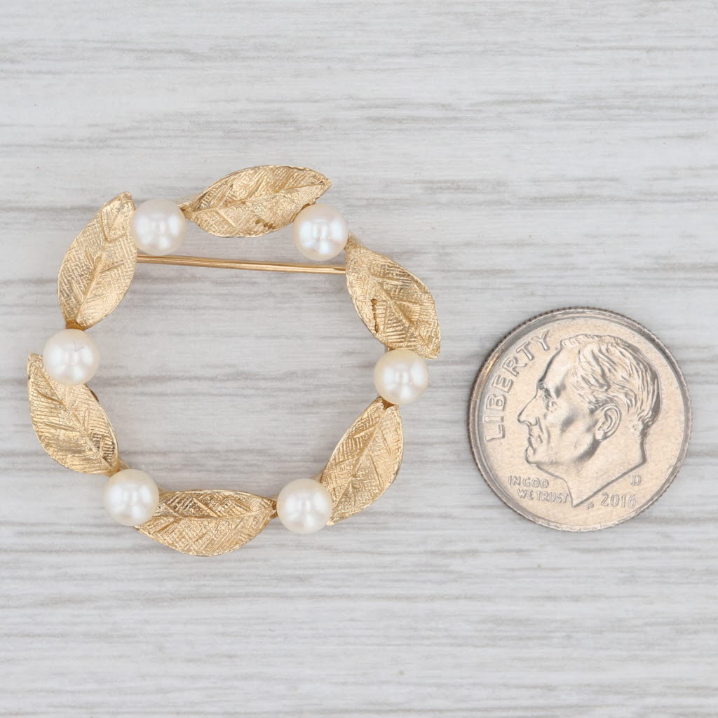 Light Gray Cultured Pearl Wreath Brooch 14k Yellow Gold Statement Pin