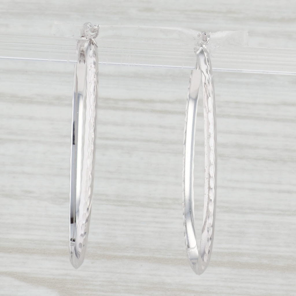 Light Gray Etched Oval Hoop Earrings 14k White Gold Snap Top Pierced Hoops