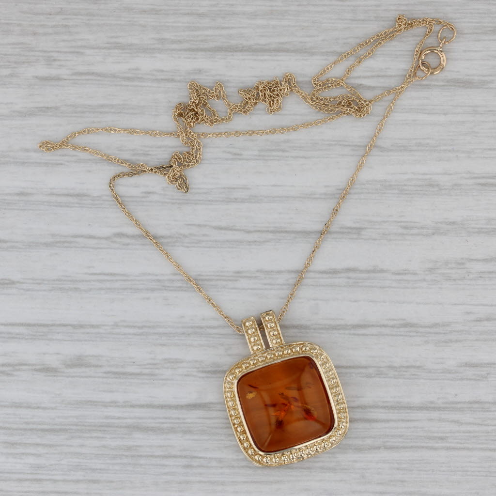 Gray Amber Pendant Necklace 10k Yellow Gold 18.25" Rope Chain