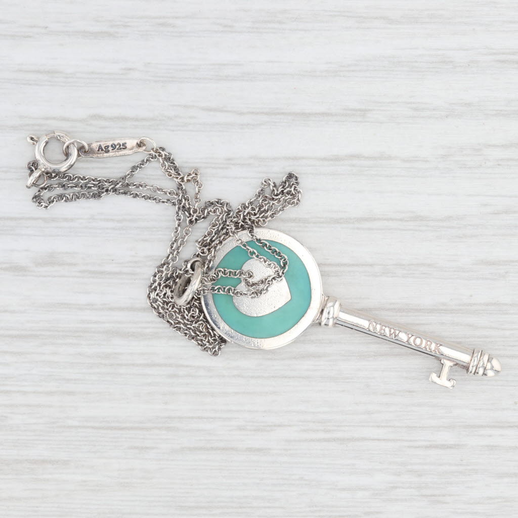 Light Gray Tiffany & Co Heart Skeleton Key Pendant Necklace Sterling Silver Blue Enamel 16"
