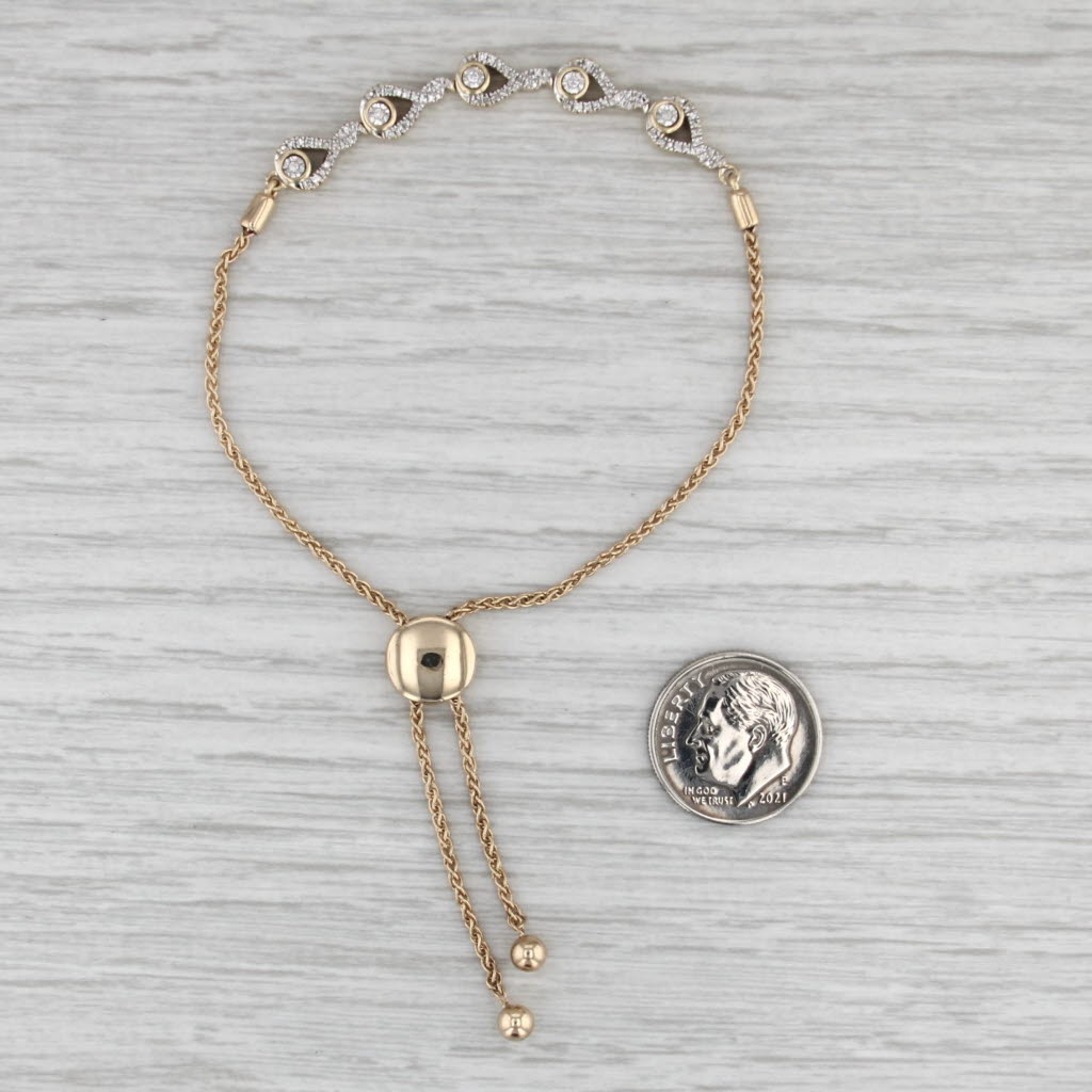 0.14ctw Diamond Teardrop Wheat Chain Bolo Bracelet 10k Yellow Gold Adjustable