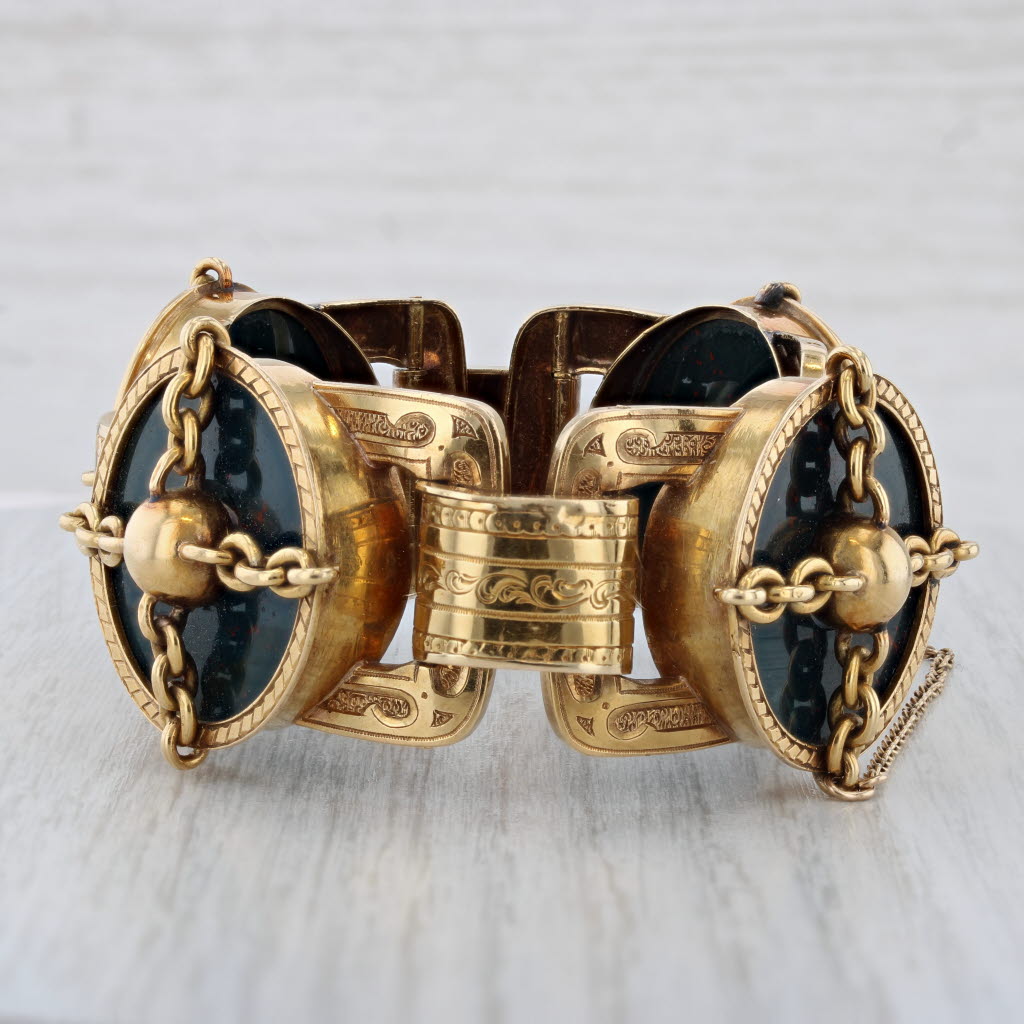 Light Gray Antique French Bloodstone Bracelet 18k Yellow Gold 6.75" 31.4mm Statement