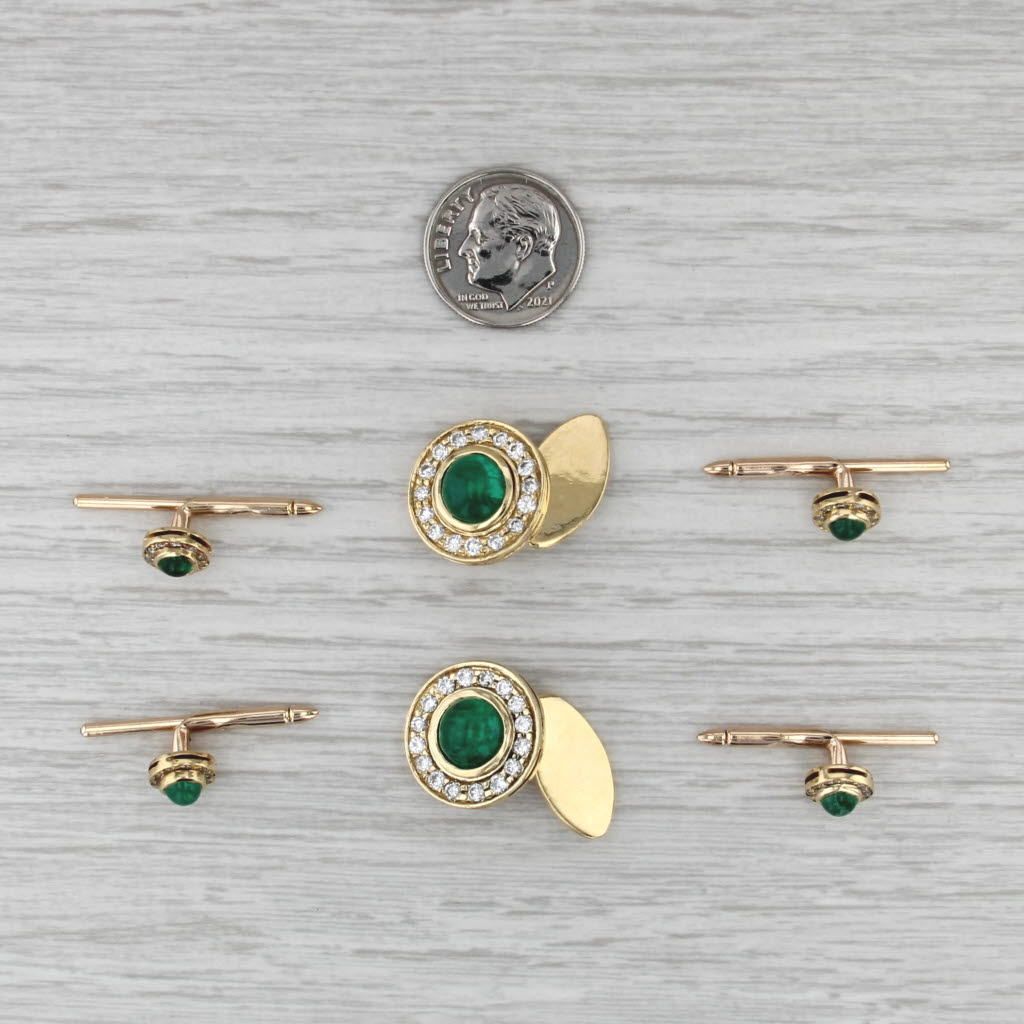 Emerald Diamond Halo Cufflinks 4 Shirt Studs 18k 14k Gold Vintage Men's