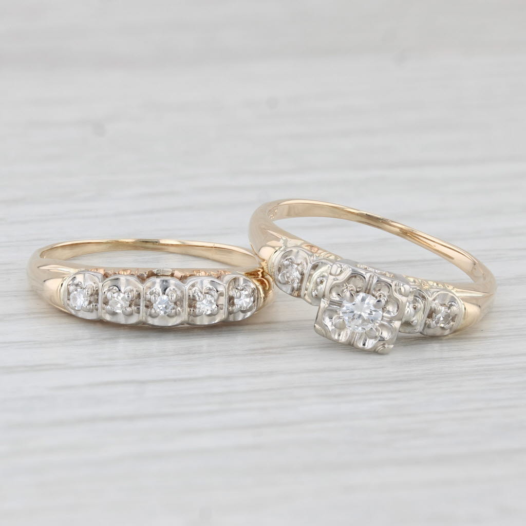 Light Gray Vintage 0.20ctw Diamond Engagement Ring Wedding Bridal Set 14k Gold Size 8.25