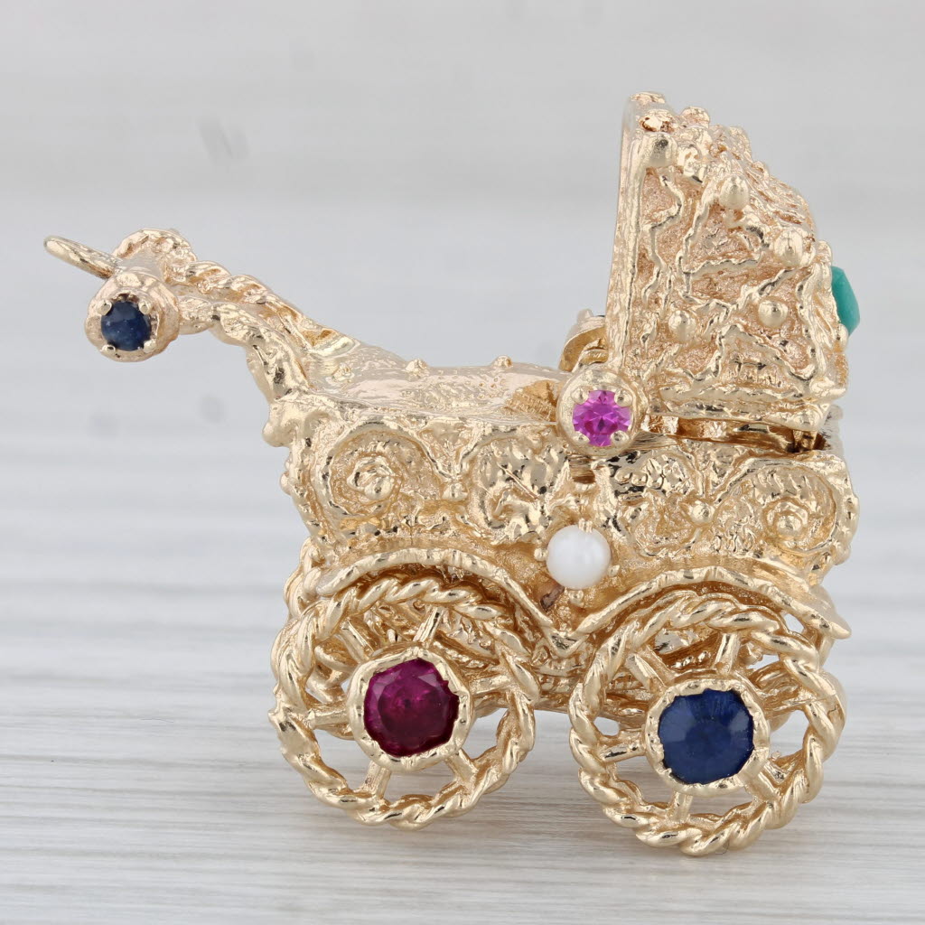 Etruscan Style Baby Carriage Charm 14k Gold Cultured Pearl Lab Created