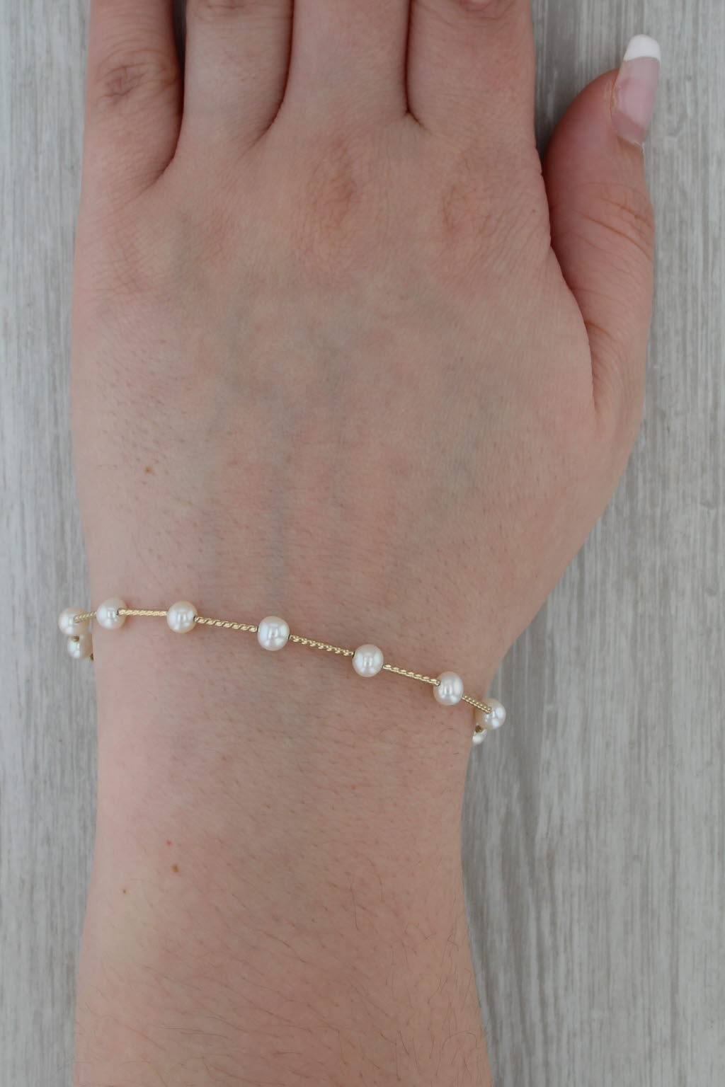 Cultured Pearl Bead Station Bar Bracelet 14k Yellow Gold 7.5"