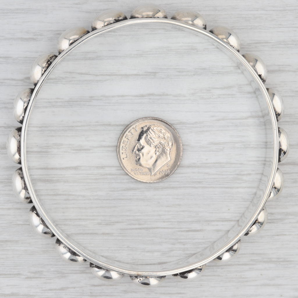 Light Gray Bead Accented Bangle Bracelet Sterling Silver Vintage Mexico 7.75" 14.3mm