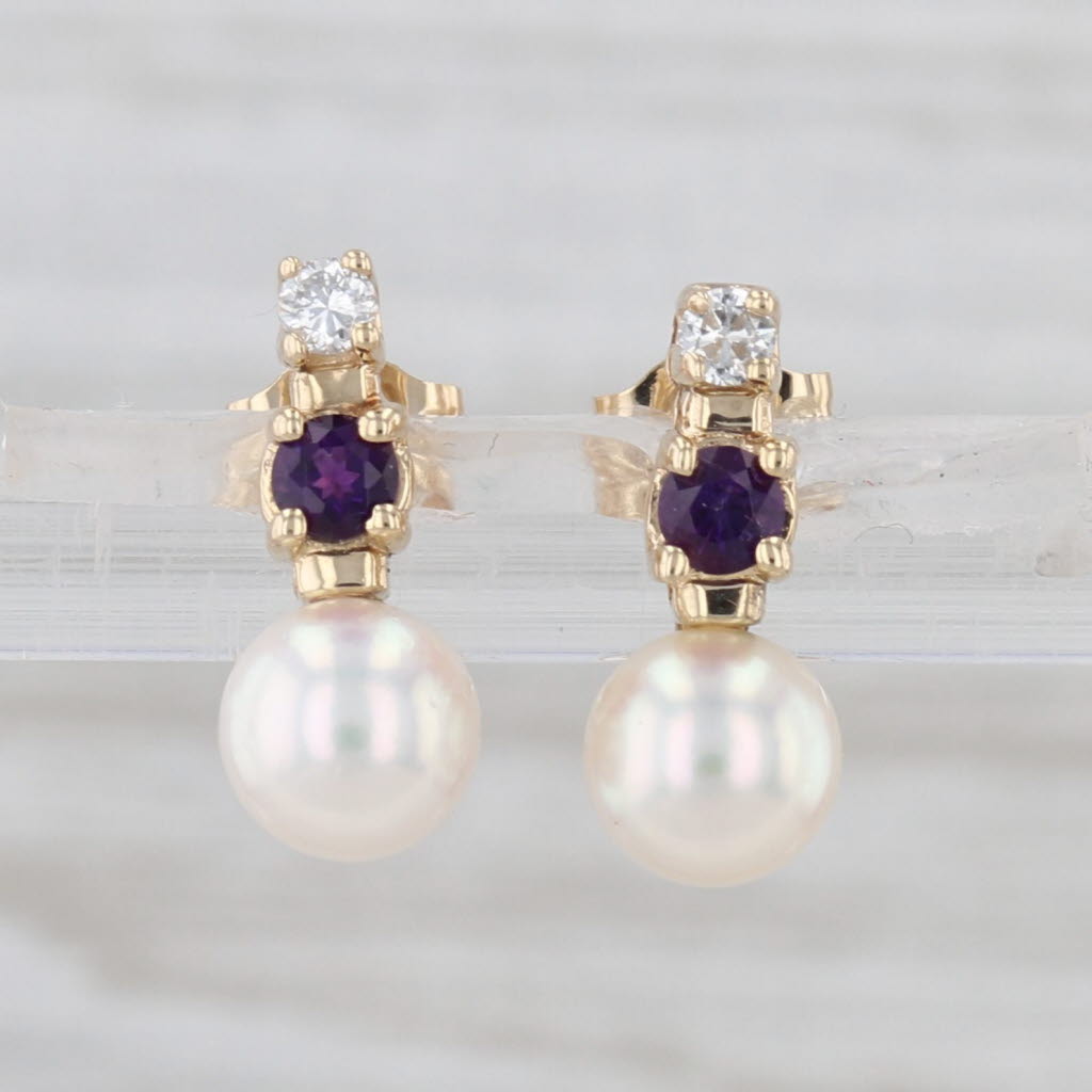 Cultured Pearl Amethyst Diamond Earrings 14k Yellow Gold Stud Drops