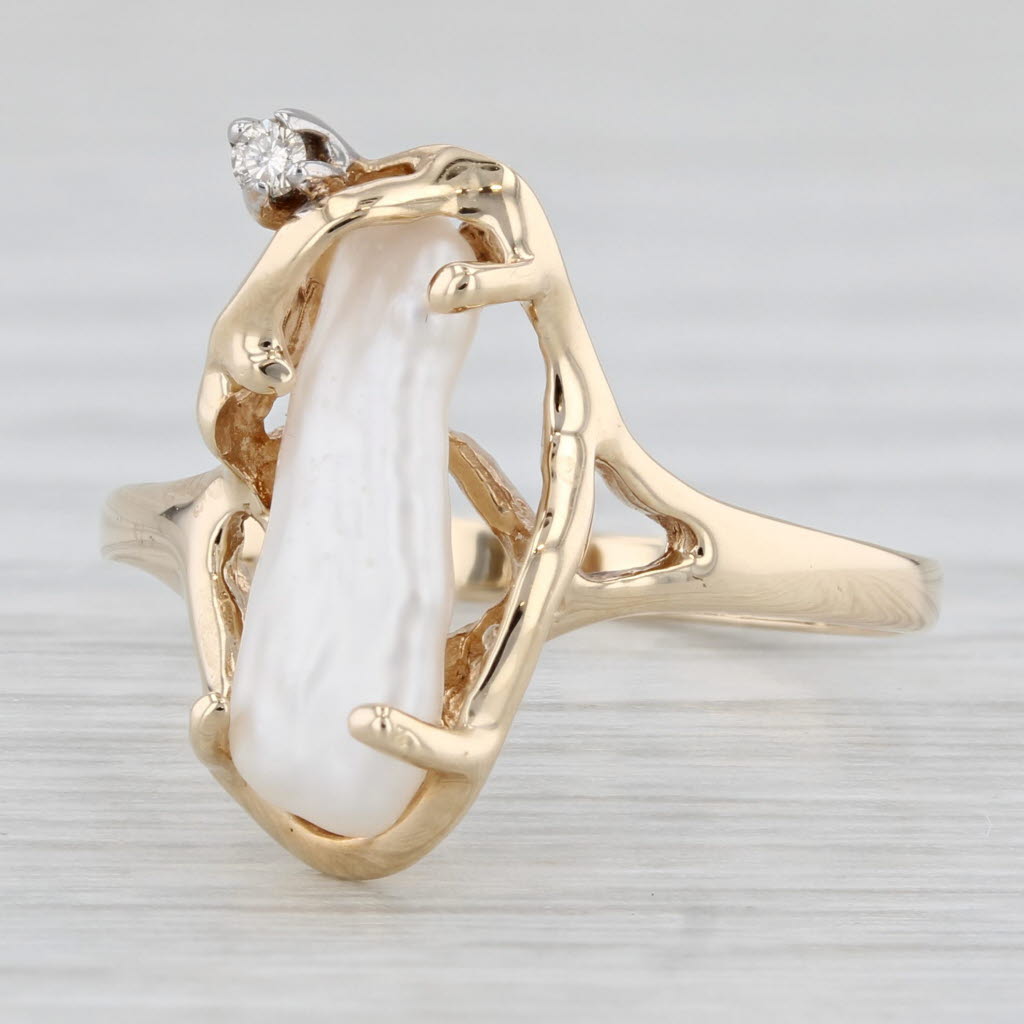 Light Gray Baroque Freshwater Pearl Diamond Ring 10k Yellow Gold Size 7