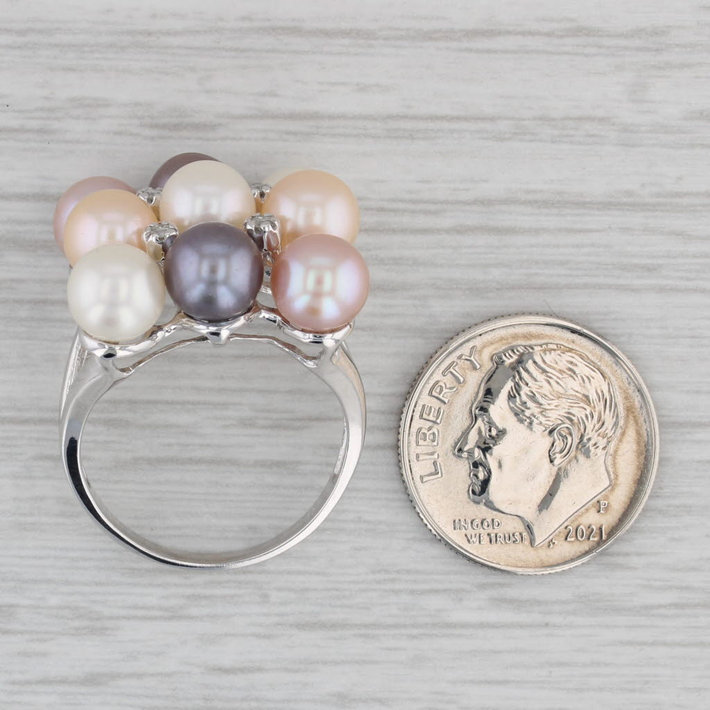 Gray Cultured Pearl Diamond Cluster 14k White Gold Size 7.75 Cocktail