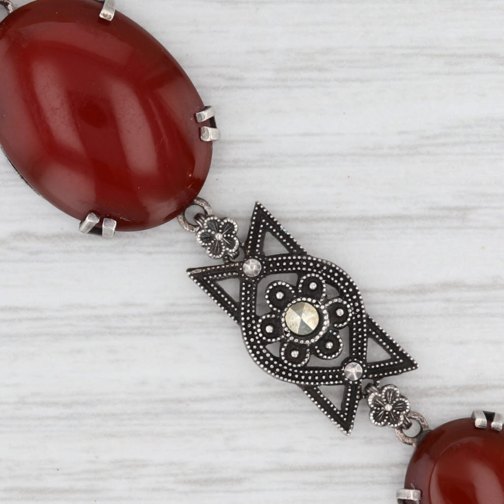 Saddle Brown Oval Cabochon Carnelian Marcasite Bracelet Sterling Silver 7" Ornate Vintage