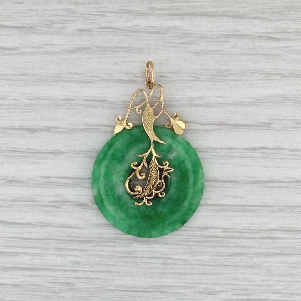 Green Jadeite Jade Hololith Ornate Leaf Pendant 19k Yellow Gold