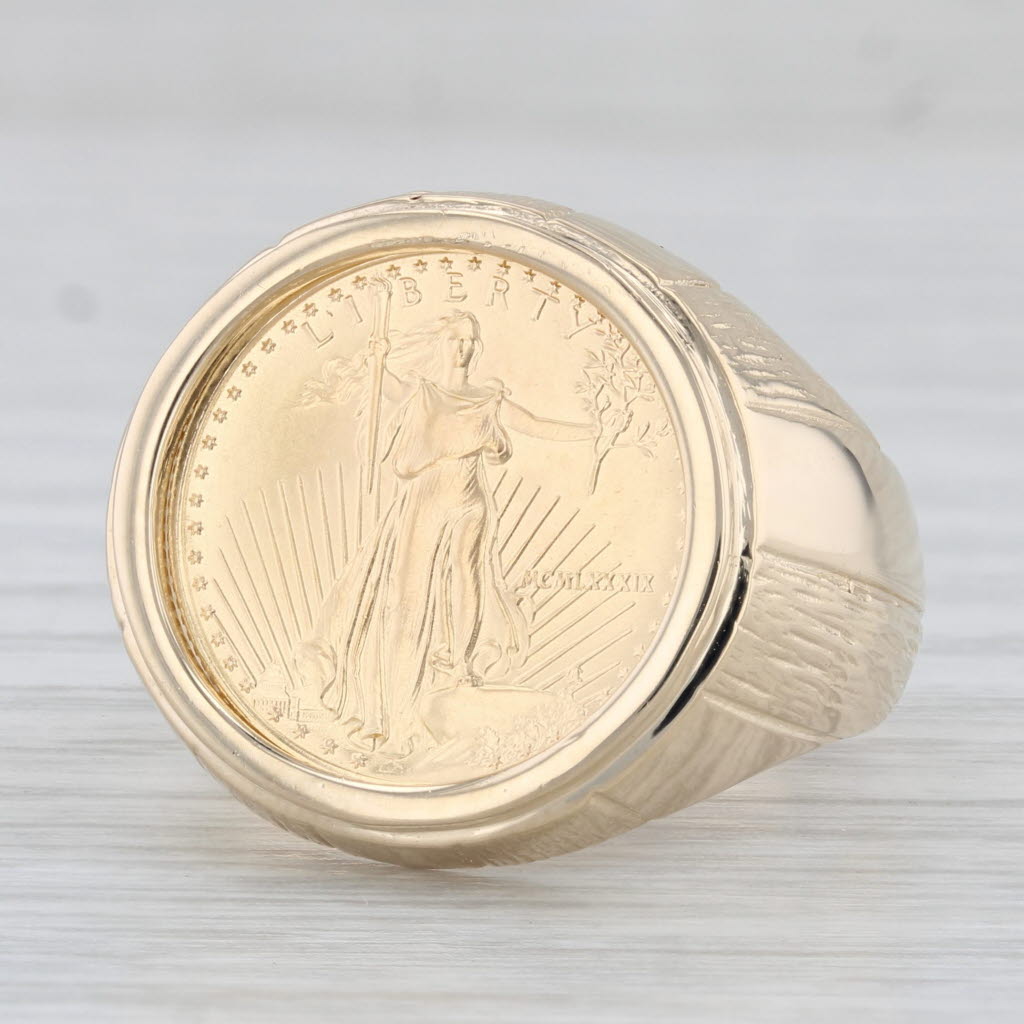 Light Gray 1989 1/10ozt 5 Dollar American Eagle Coin Ring 14k 22k Yellow Gold Sz 8.75